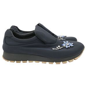 Prada Flower Crystal-Embellished Slip-On Sneakers in Navy Blue Neoprene
